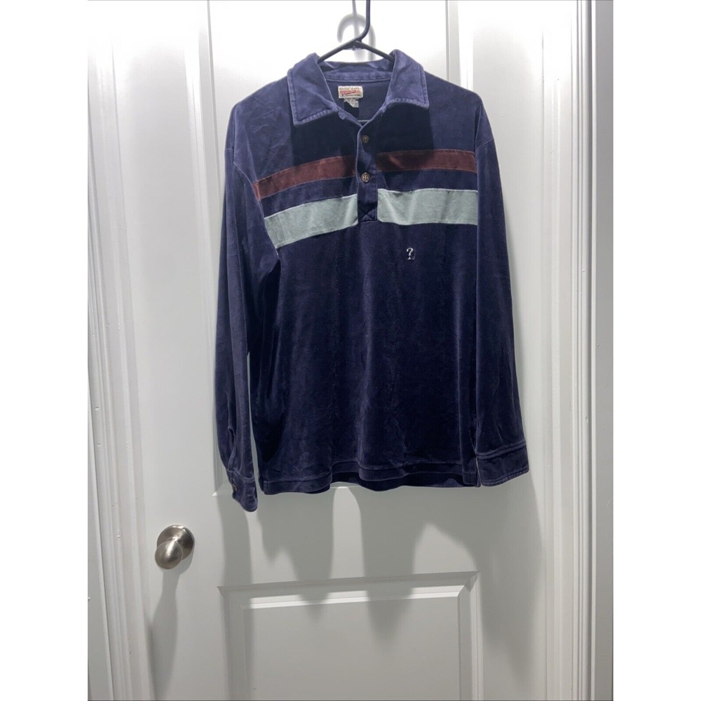 Vntg Velour 90s Streetwear Guess Mens Polo  Long Sleeve Striped Blue Medium